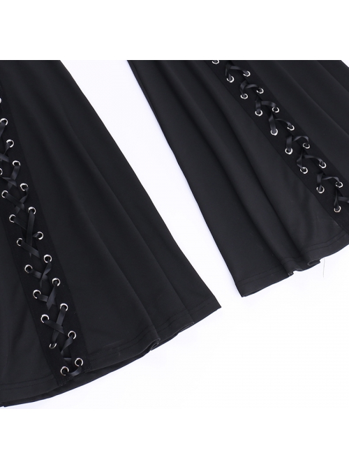 Personalized Black Polyester Front Center Hollow Eyelet Straps Decorated Punk Style Flared Trousers