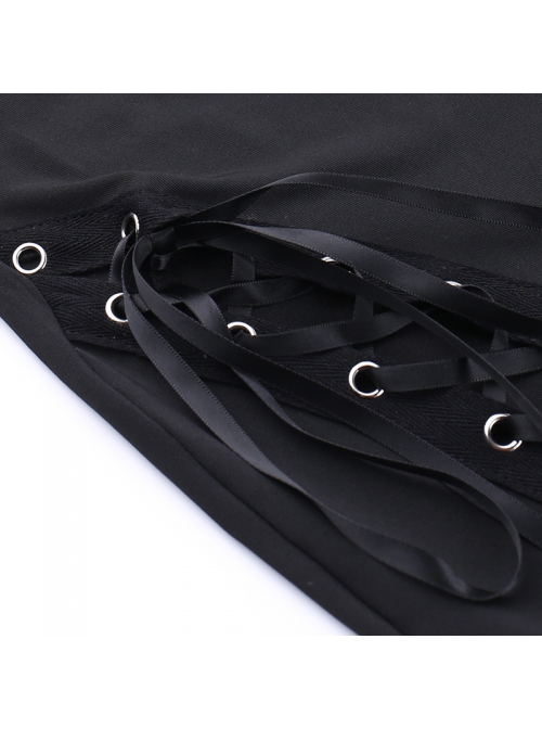 Personalized Black Polyester Front Center Hollow Eyelet Straps Decorated Punk Style Flared Trousers