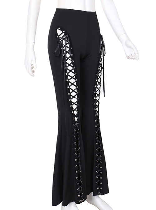 Personalized Black Polyester Front Center Hollow Eyelet Straps Decorated Punk Style Flared Trousers