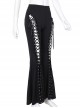 Personalized Black Polyester Front Center Hollow Eyelet Straps Decorated Punk Style Flared Trousers