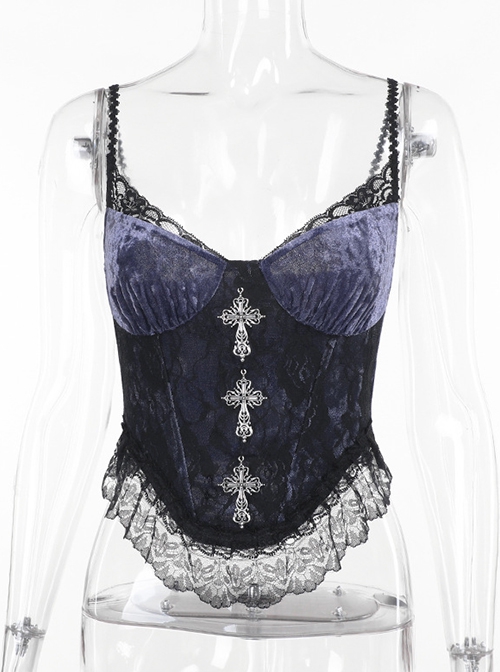 Sexy Purple Temperament Rose Lace With Front Cross Decoration Punk Style Vest