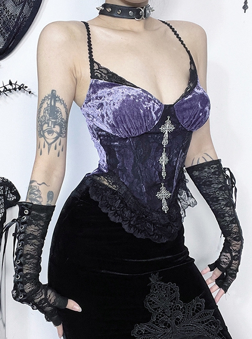 Sexy Purple Temperament Rose Lace With Front Cross Decoration Punk Style Vest