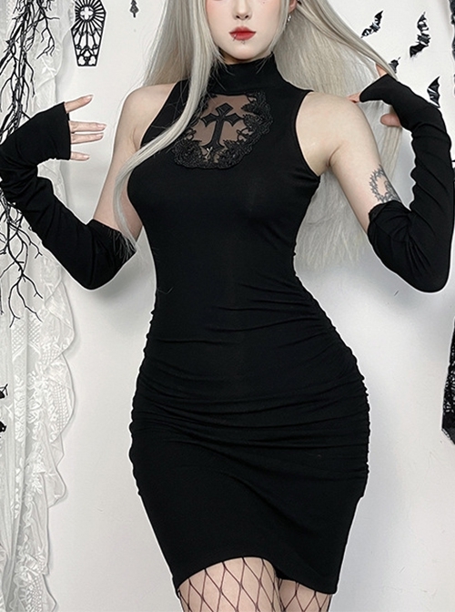 Black Sexy Slim Fit Cross Pattern On The Chest Gothic Style Off Shoulder Hip Skirt