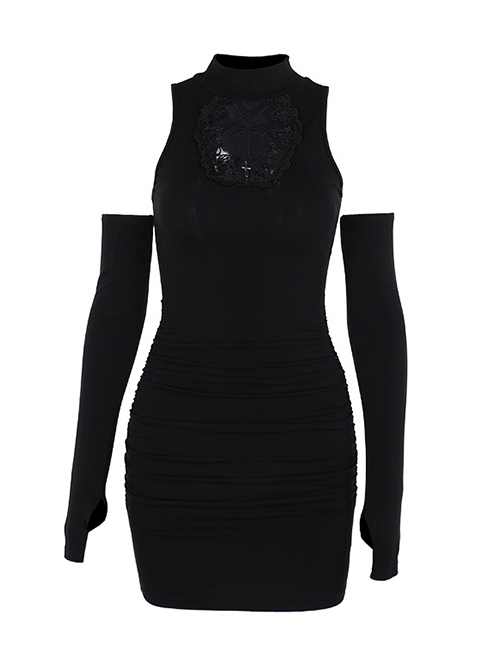 Black Sexy Slim Fit Cross Pattern On The Chest Gothic Style Off Shoulder Hip Skirt