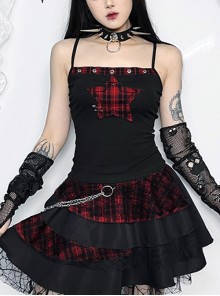 Personalized Black Printed Grid Front Center Five Pointed Star Pattern Decorated Punk Style Suspender Sleeveless Top