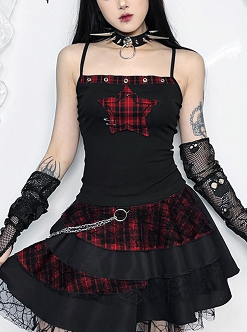 Personalized Black Printed Grid Front Center Five Pointed Star Pattern Decorated Punk Style Suspender Sleeveless Top