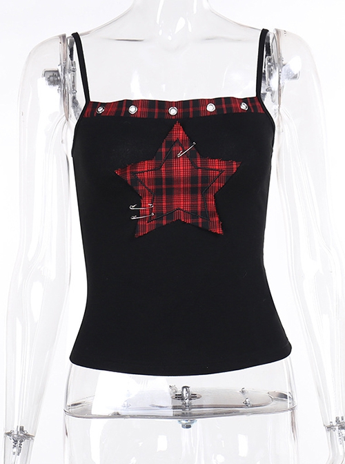 Personalized Black Printed Grid Front Center Five Pointed Star Pattern Decorated Punk Style Suspender Sleeveless Top