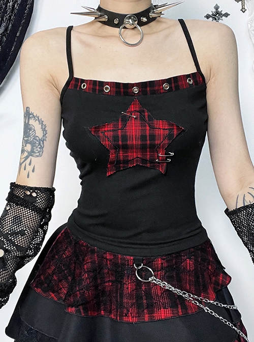 Personalized Black Printed Grid Front Center Five Pointed Star Pattern Decorated Punk Style Suspender Sleeveless Top