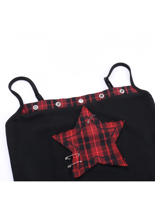 Personalized Black Printed Grid Front Center Five Pointed Star Pattern Decorated Punk Style Suspender Sleeveless Top