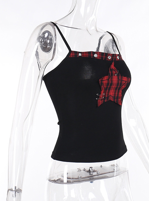 Personalized Black Printed Grid Front Center Five Pointed Star Pattern Decorated Punk Style Suspender Sleeveless Top