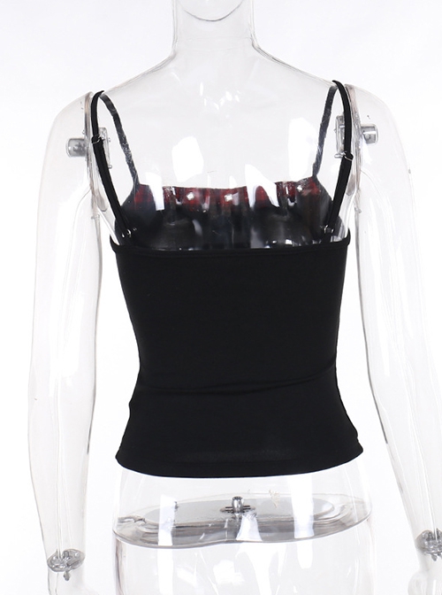 Personalized Black Printed Grid Front Center Five Pointed Star Pattern Decorated Punk Style Suspender Sleeveless Top
