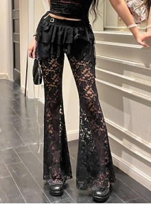 Sexy Black Slightly Transparent Rose Print Waist Short Skirt Decorated Punk Style Irregular Fake Two Piece Skirt Pants