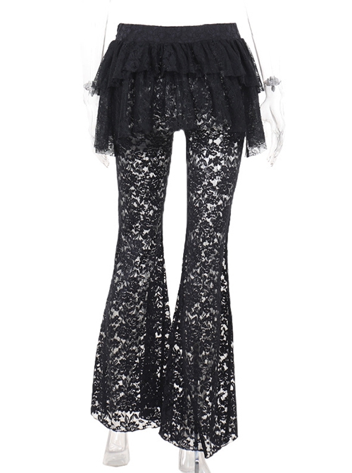 Sexy Black Slightly Transparent Rose Print Waist Short Skirt Decorated Punk Style Irregular Fake Two Piece Skirt Pants