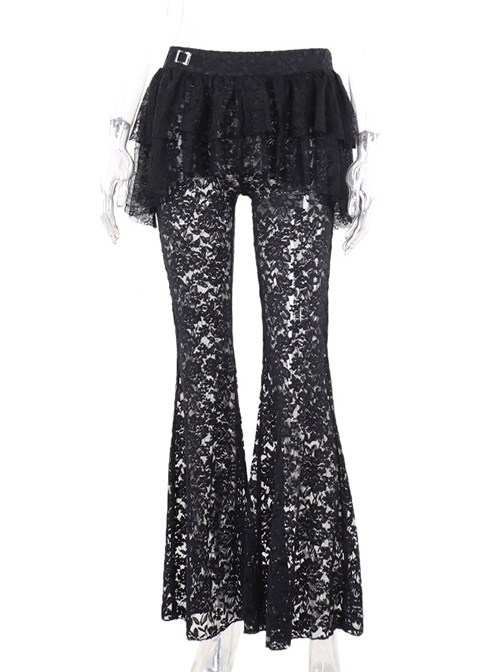 Sexy Black Slightly Transparent Rose Print Waist Short Skirt Decorated Punk Style Irregular Fake Two Piece Skirt Pants