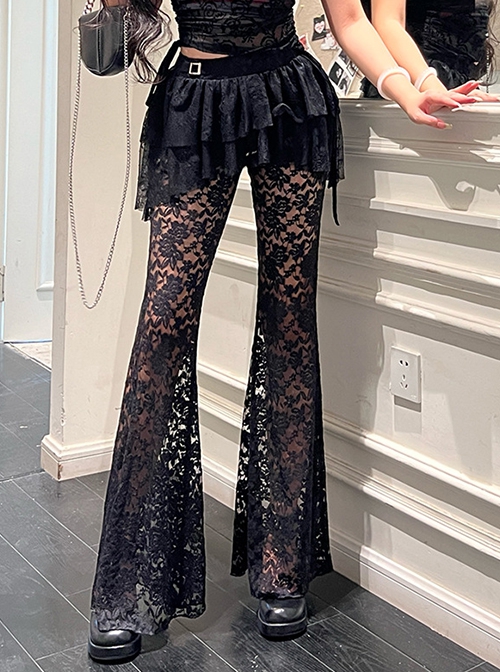 Sexy Black Slightly Transparent Rose Print Waist Short Skirt Decorated Punk Style Irregular Fake Two Piece Skirt Pants