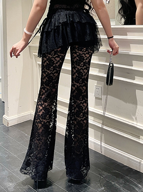 Sexy Black Slightly Transparent Rose Print Waist Short Skirt Decorated Punk Style Irregular Fake Two Piece Skirt Pants
