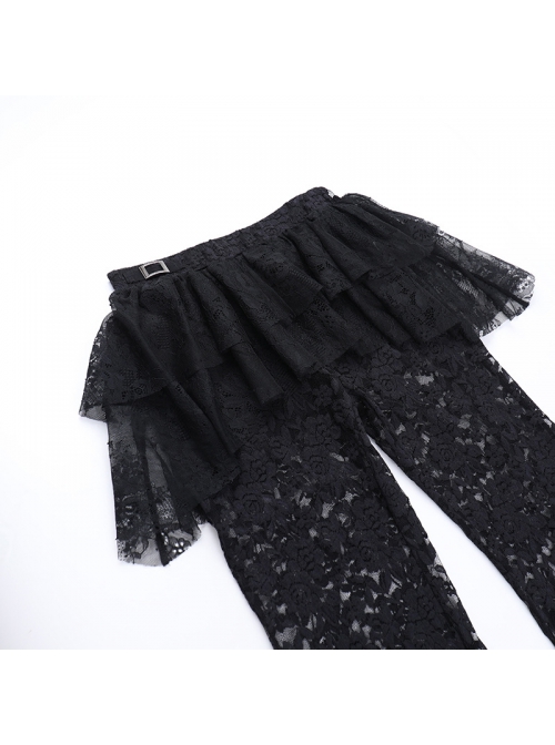 Sexy Black Slightly Transparent Rose Print Waist Short Skirt Decorated Punk Style Irregular Fake Two Piece Skirt Pants
