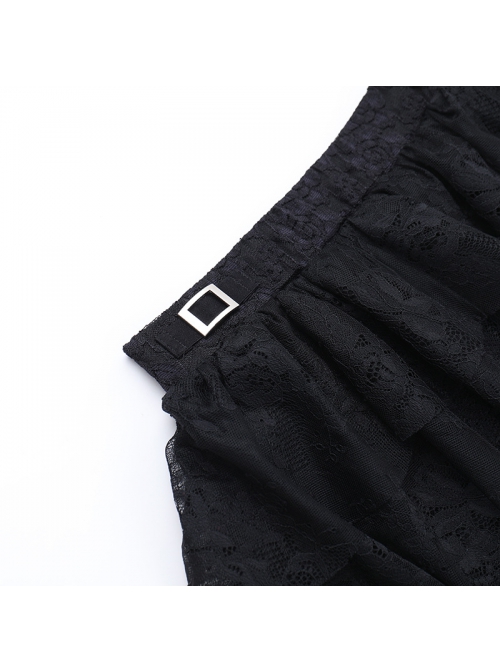 Sexy Black Slightly Transparent Rose Print Waist Short Skirt Decorated Punk Style Irregular Fake Two Piece Skirt Pants
