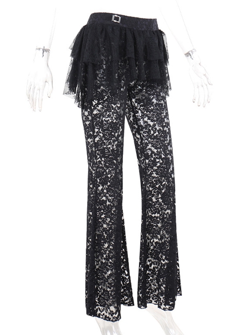 Sexy Black Slightly Transparent Rose Print Waist Short Skirt Decorated Punk Style Irregular Fake Two Piece Skirt Pants