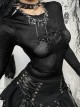Versatile Black Flocking Print Micro Transparent Mesh Gothic Style Personality Long Sleeved Top