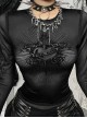 Versatile Black Flocking Print Micro Transparent Mesh Gothic Style Personality Long Sleeved Top