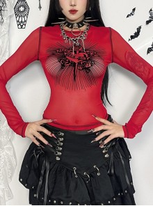 Versatile Red Flocking Print Micro Transparent Mesh Gothic Style Personality Long Sleeved Top