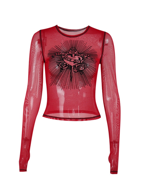 Versatile Red Flocking Print Micro Transparent Mesh Gothic Style Personality Long Sleeved Top