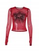 Versatile Red Flocking Print Micro Transparent Mesh Gothic Style Personality Long Sleeved Top