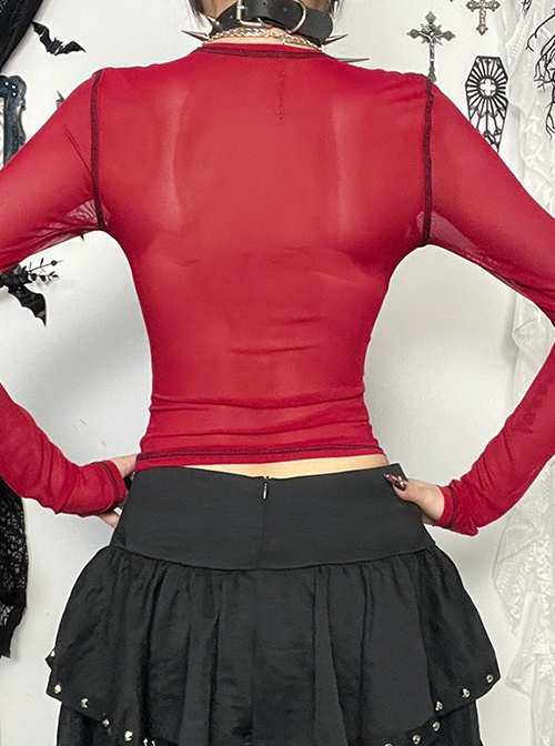 Versatile Red Flocking Print Micro Transparent Mesh Gothic Style Personality Long Sleeved Top
