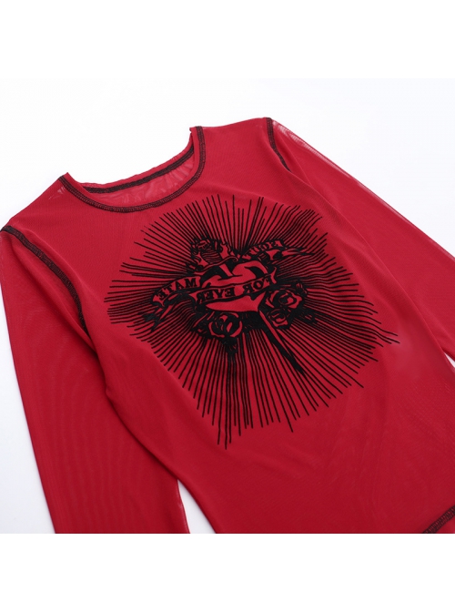 Versatile Red Flocking Print Micro Transparent Mesh Gothic Style Personality Long Sleeved Top