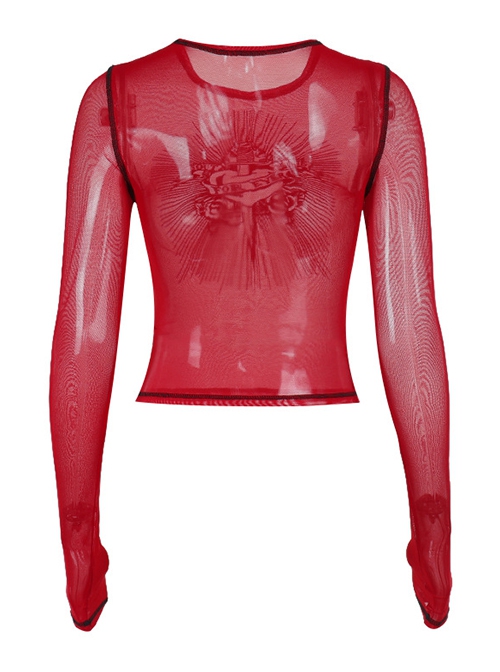 Versatile Red Flocking Print Micro Transparent Mesh Gothic Style Personality Long Sleeved Top