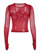 Versatile Red Flocking Print Micro Transparent Mesh Gothic Style Personality Long Sleeved Top