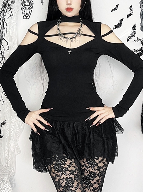 Sexy Black Knitted Front Center Metal Cross Pendant Decorated Punk Style Hollow Long Sleeve Top