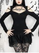 Sexy Black Knitted Front Center Metal Cross Pendant Decorated Punk Style Hollow Long Sleeve Top