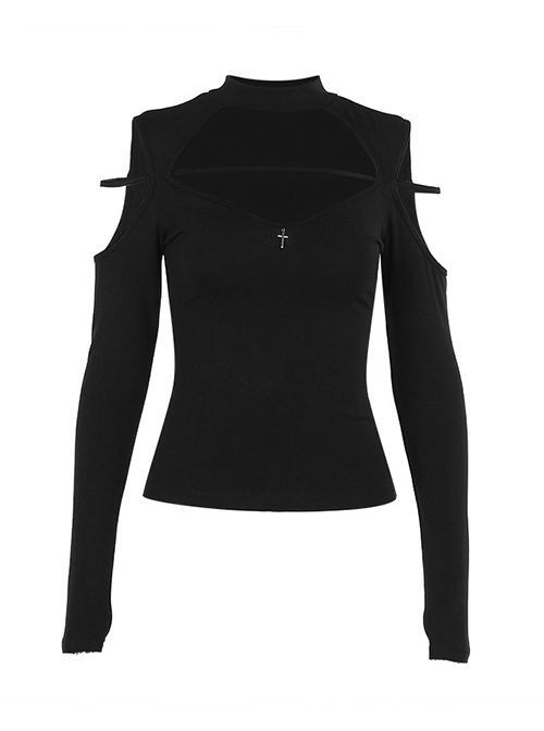Sexy Black Knitted Front Center Metal Cross Pendant Decorated Punk Style Hollow Long Sleeve Top