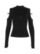 Sexy Black Knitted Front Center Metal Cross Pendant Decorated Punk Style Hollow Long Sleeve Top