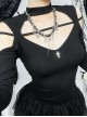 Sexy Black Knitted Front Center Metal Cross Pendant Decorated Punk Style Hollow Long Sleeve Top