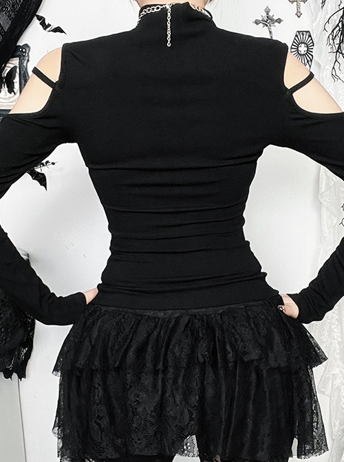 Sexy Black Knitted Front Center Metal Cross Pendant Decorated Punk Style Hollow Long Sleeve Top