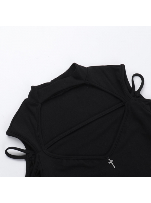 Sexy Black Knitted Front Center Metal Cross Pendant Decorated Punk Style Hollow Long Sleeve Top