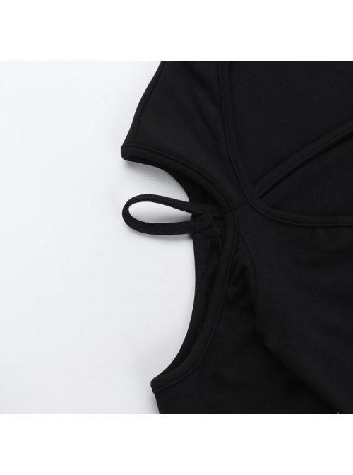 Sexy Black Knitted Front Center Metal Cross Pendant Decorated Punk Style Hollow Long Sleeve Top