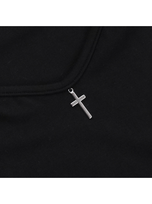 Sexy Black Knitted Front Center Metal Cross Pendant Decorated Punk Style Hollow Long Sleeve Top