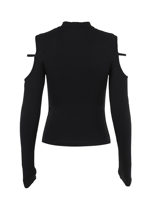 Sexy Black Knitted Front Center Metal Cross Pendant Decorated Punk Style Hollow Long Sleeve Top