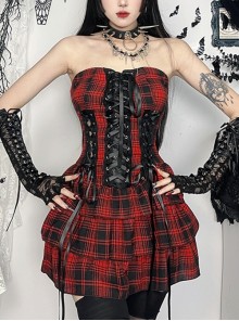Black And Red Grid Pattern Front Center Eyelet Cross Straps Punk Style Sleeveless Tube Dress