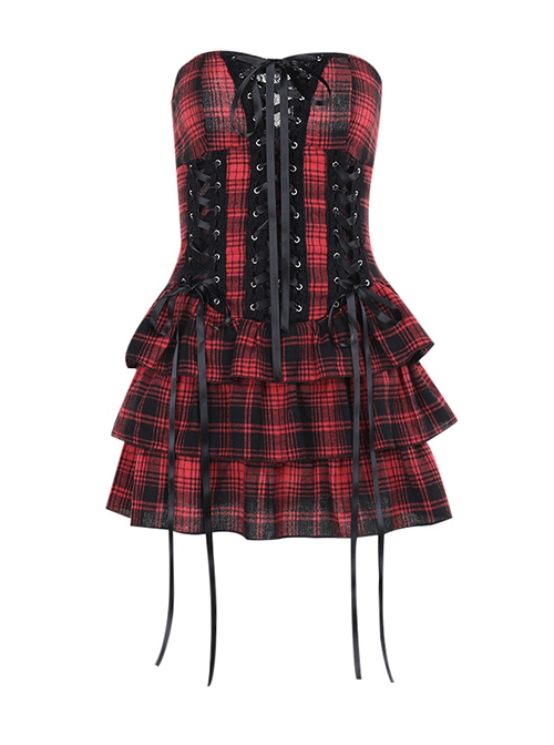 Black And Red Grid Pattern Front Center Eyelet Cross Straps Punk Style Sleeveless Tube Dress