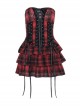 Black And Red Grid Pattern Front Center Eyelet Cross Straps Punk Style Sleeveless Tube Dress