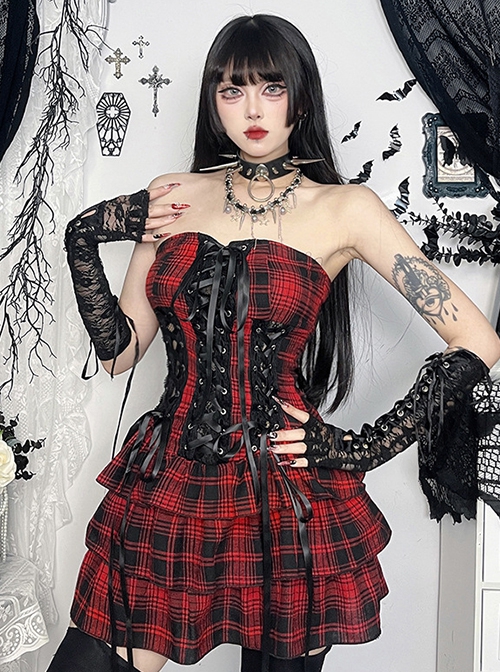 Black And Red Grid Pattern Front Center Eyelet Cross Straps Punk Style Sleeveless Tube Dress