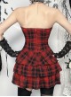 Black And Red Grid Pattern Front Center Eyelet Cross Straps Punk Style Sleeveless Tube Dress