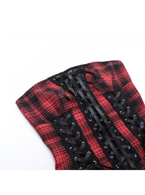 Black And Red Grid Pattern Front Center Eyelet Cross Straps Punk Style Sleeveless Tube Dress