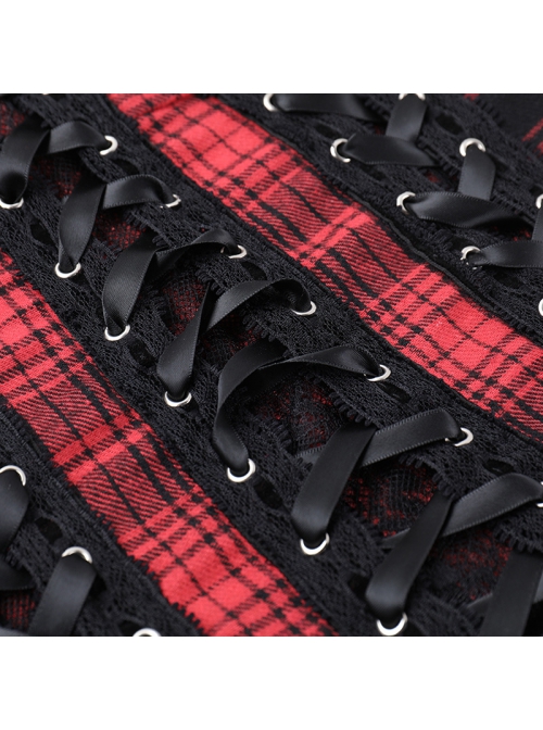 Black And Red Grid Pattern Front Center Eyelet Cross Straps Punk Style Sleeveless Tube Dress