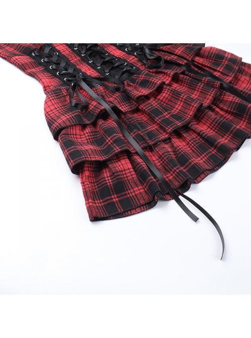 Black And Red Grid Pattern Front Center Eyelet Cross Straps Punk Style Sleeveless Tube Dress